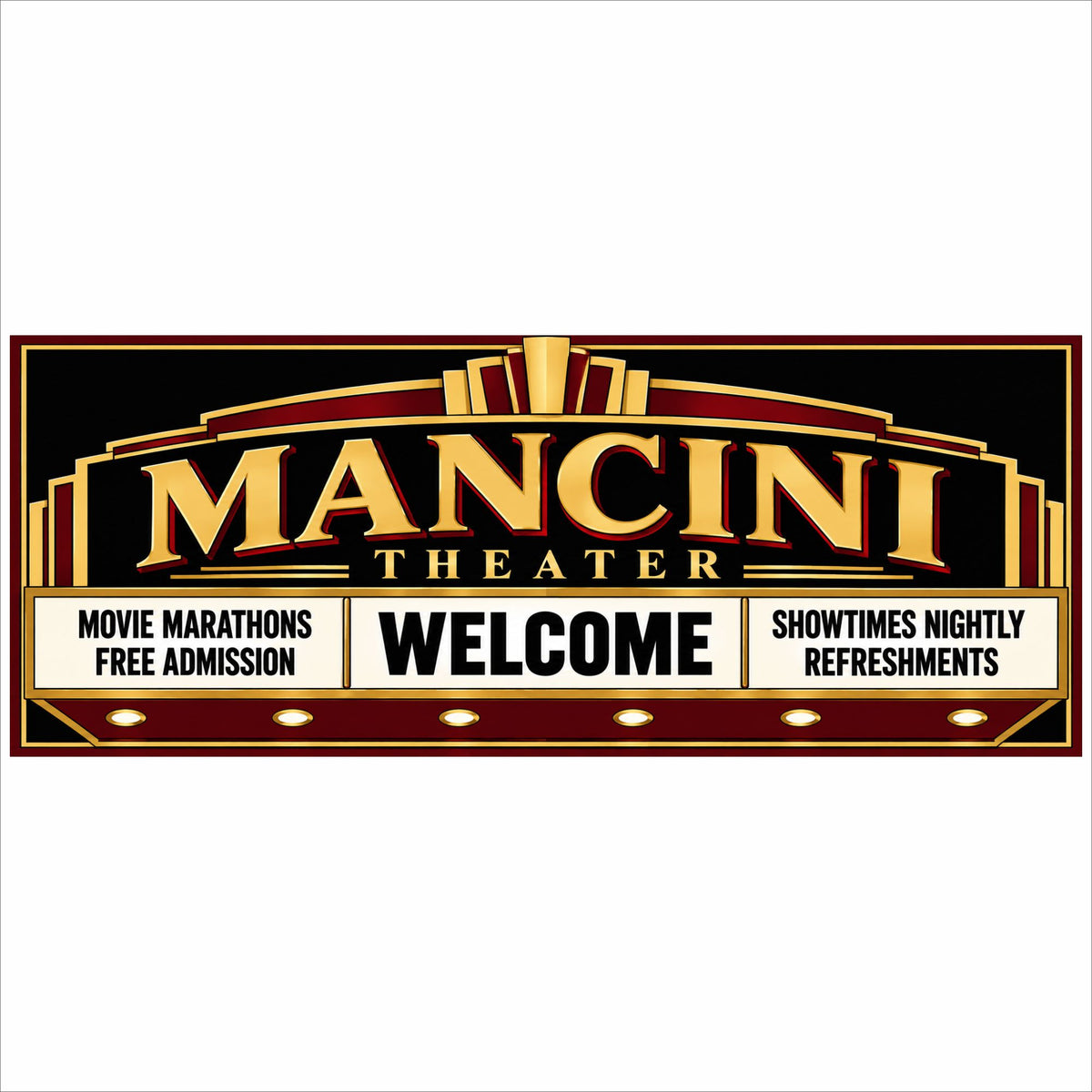 Personalized Art Deco home theater marquee sign in black, burgundy and gold with five customizable text areas.