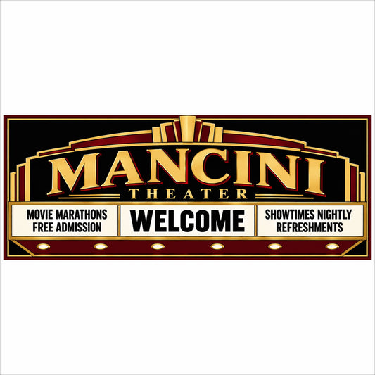 Personalized Art Deco home theater marquee sign in black, burgundy and gold with five customizable text areas.