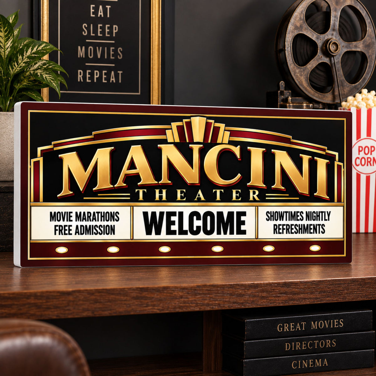 Personalized home theater sign displayed on a shelf in a movie room with theater décor.