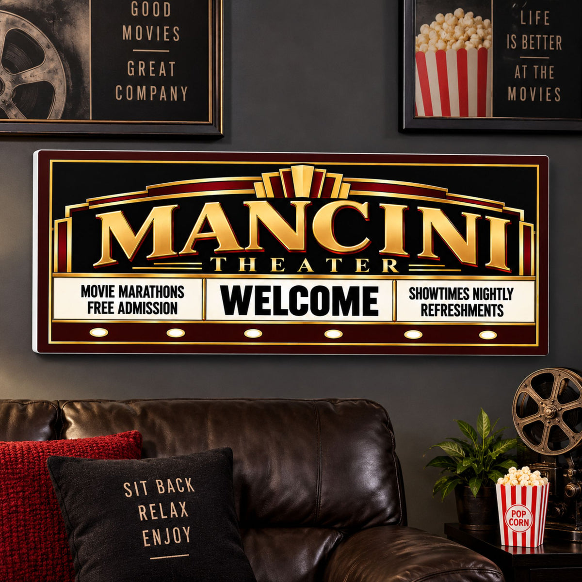Custom theater marquee sign displayed above seating in a home theater room.
