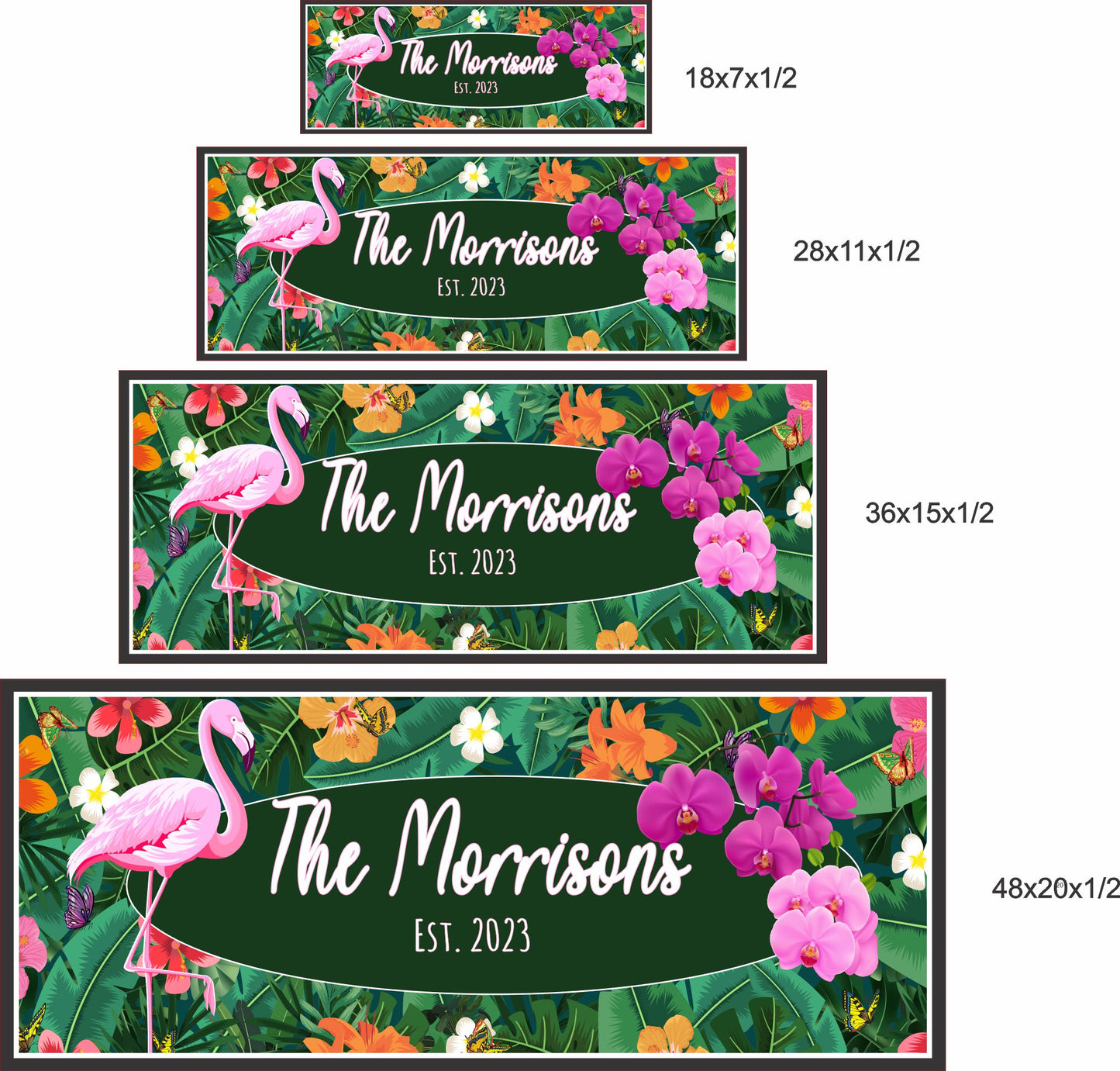 size comparison chart showing four available sign sizes for personalized flamingo wall art