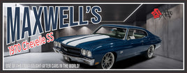 personalized 1970 muscle car garage sign with blue vintage car and editable text