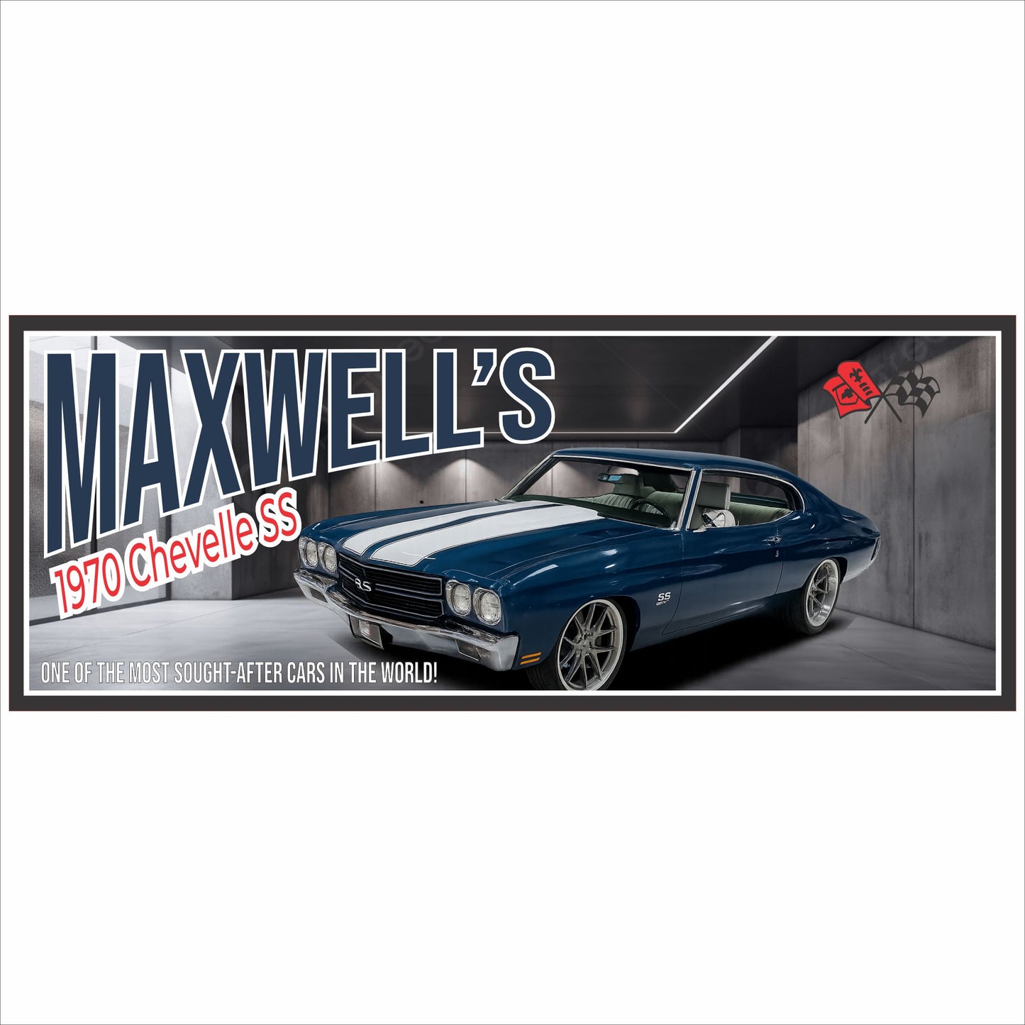 personalized 1970 muscle car garage sign with blue vintage car and editable text
