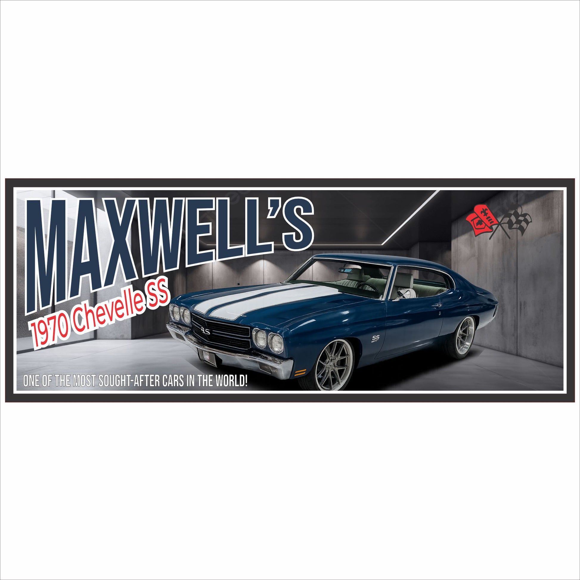 personalized 1970 muscle car garage sign with blue vintage car and editable text