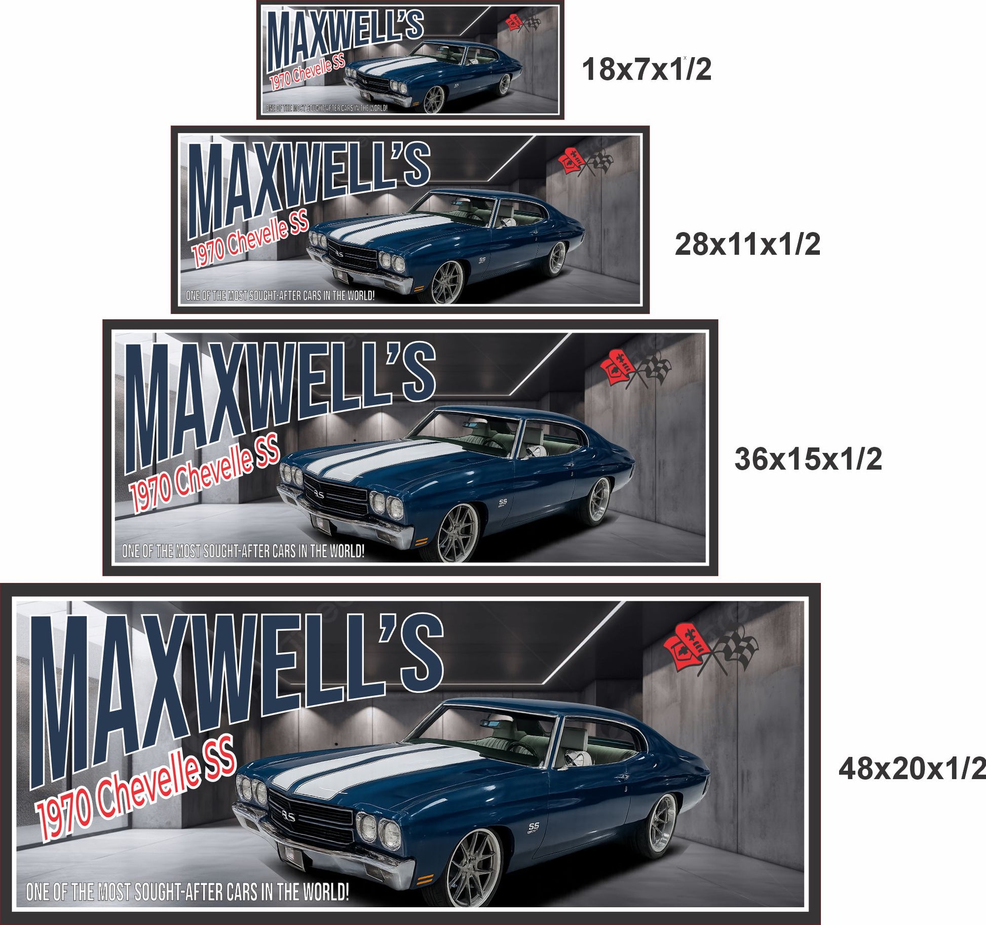 1970 muscle car sign shown in four available size options for scale reference