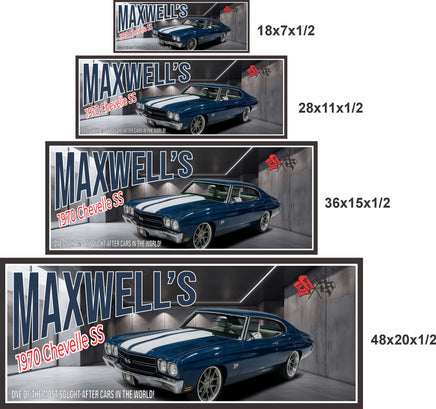 1970 muscle car sign shown in four available size options for scale reference