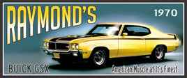 personalized 1970 muscle car garage sign with yellow vintage car and editable text