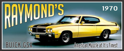 personalized 1970 muscle car garage sign with yellow vintage car and editable text