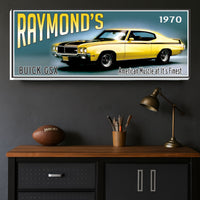 personalized 1970 muscle car garage sign displayed on wall in stylish home office setting with yellow vintage car artwork and custom text