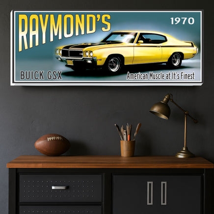 personalized 1970 muscle car garage sign displayed on wall in stylish home office setting with yellow vintage car artwork and custom text