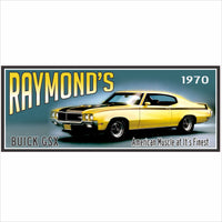 personalized 1970 muscle car garage sign with yellow vintage car and editable text