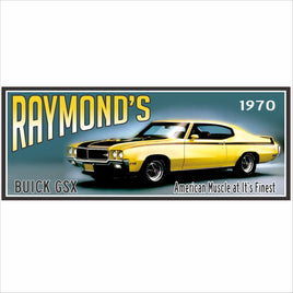 personalized 1970 muscle car garage sign with yellow vintage car and editable text