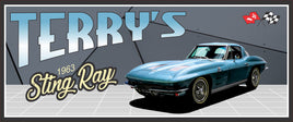 close-up of personalized 1963 classic car garage sign showing retro car illustration and editable text