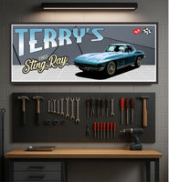 1963 classic sports car garage sign mounted in a workshop with tools and automotive décor