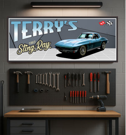 1963 classic sports car garage sign mounted in a workshop with tools and automotive décor