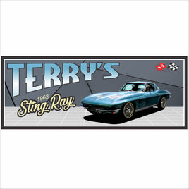  personalized 1963 classic car garage sign showing retro car illustration and editable text