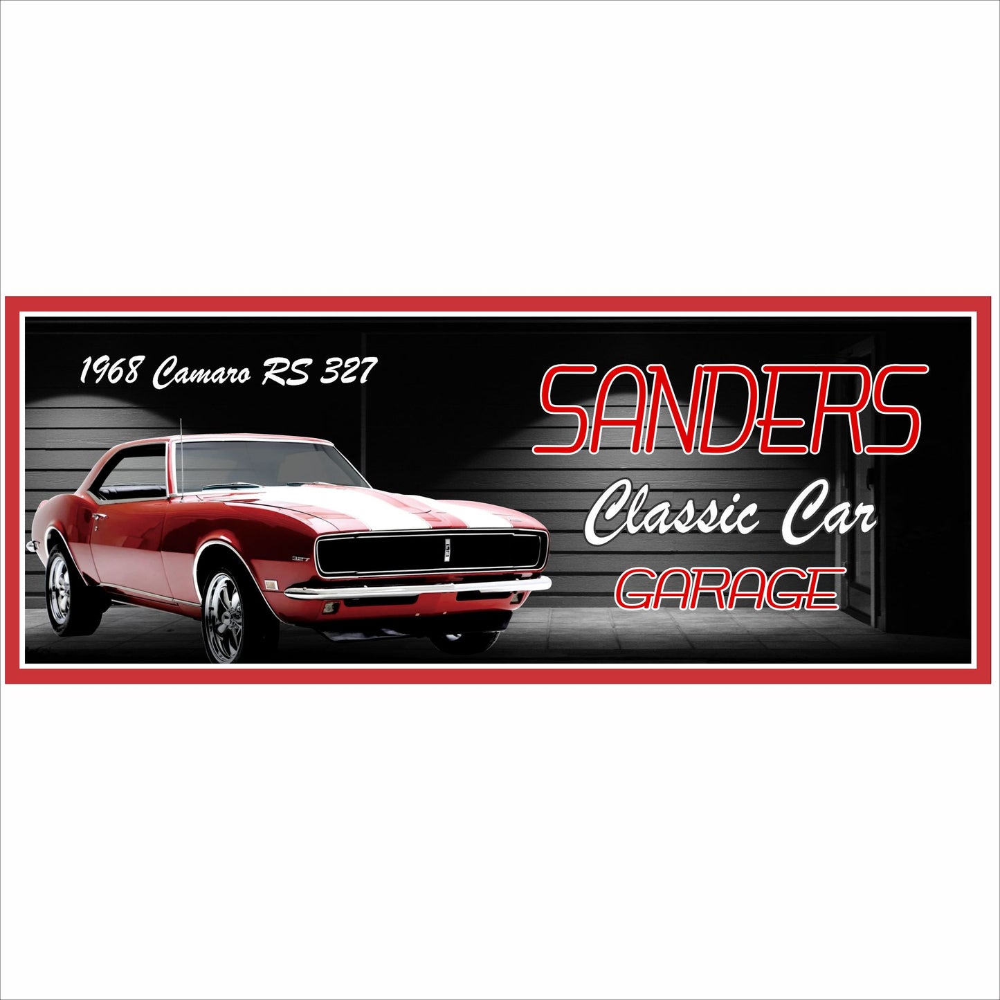 Personalized classic car garage sign featuring a red 1968 vintage muscle car, custom garage wall art gift for car lovers