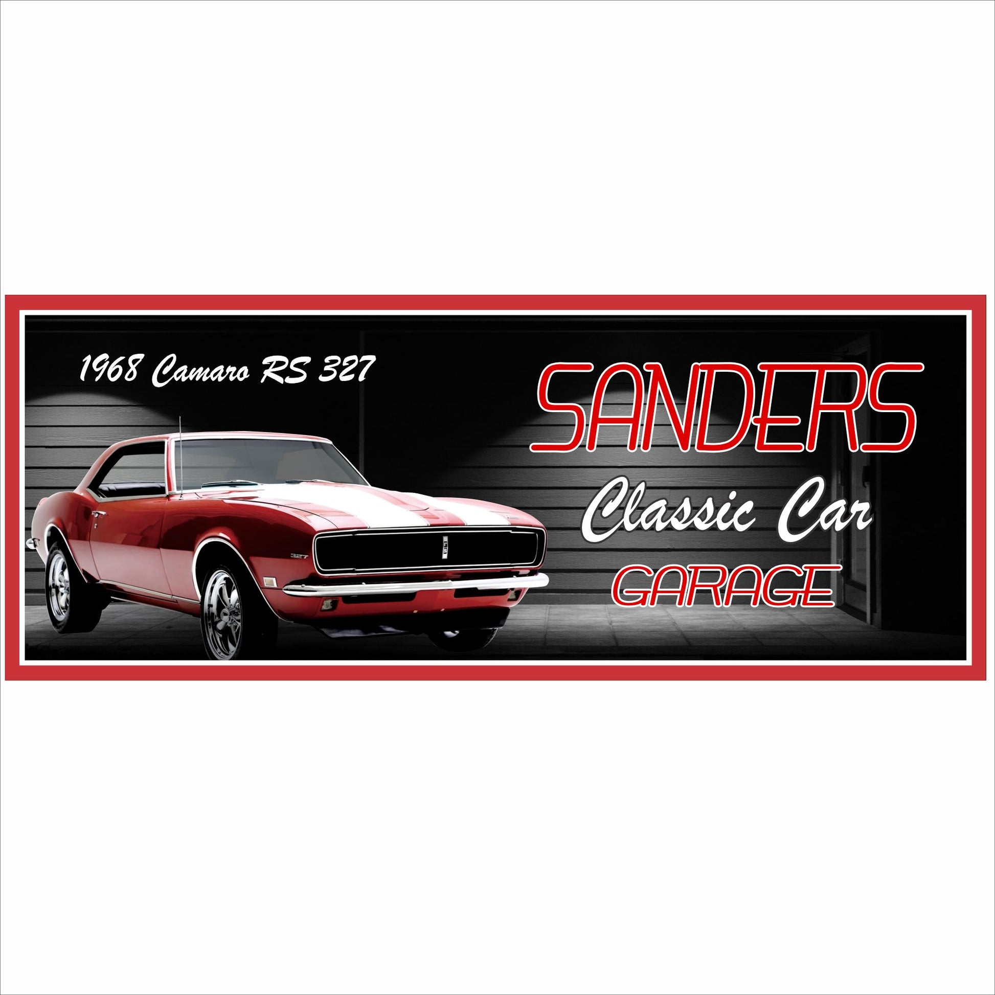 Personalized classic car garage sign featuring a red 1968 vintage muscle car, custom garage wall art gift for car lovers