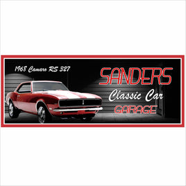 Personalized classic car garage sign featuring a red 1968 vintage muscle car, custom garage wall art gift for car lovers