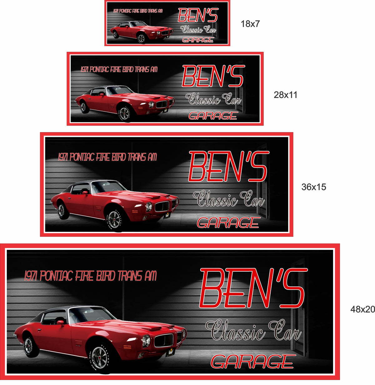 classic car garage sign shown in four available sizes: 18x7, 28x11, 36x15, and 48x20 inches for comparison