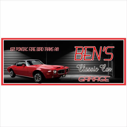Personalized classic car garage sign featuring a red vintage muscle car on a dark garage background with bold red and white border, customizable text for a home garage wall