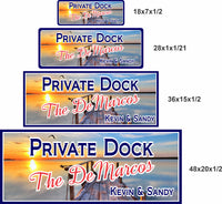  Dock sign shown in four sizes (18x7, 28x11, 36x15, 48x20) for scale