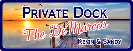 Personalized dock sign with sunset background, rustic pier, and custom family name