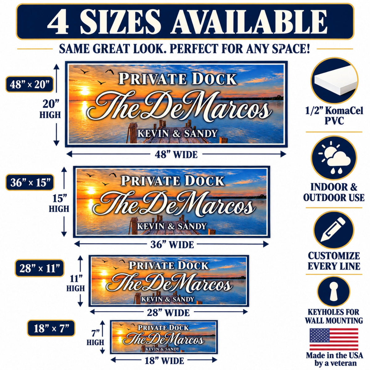 Private Dock sign in 18 × 7, 28 × 11, 36 × 15, and 48 × 20-inch sizes with measurement arrows and material details.