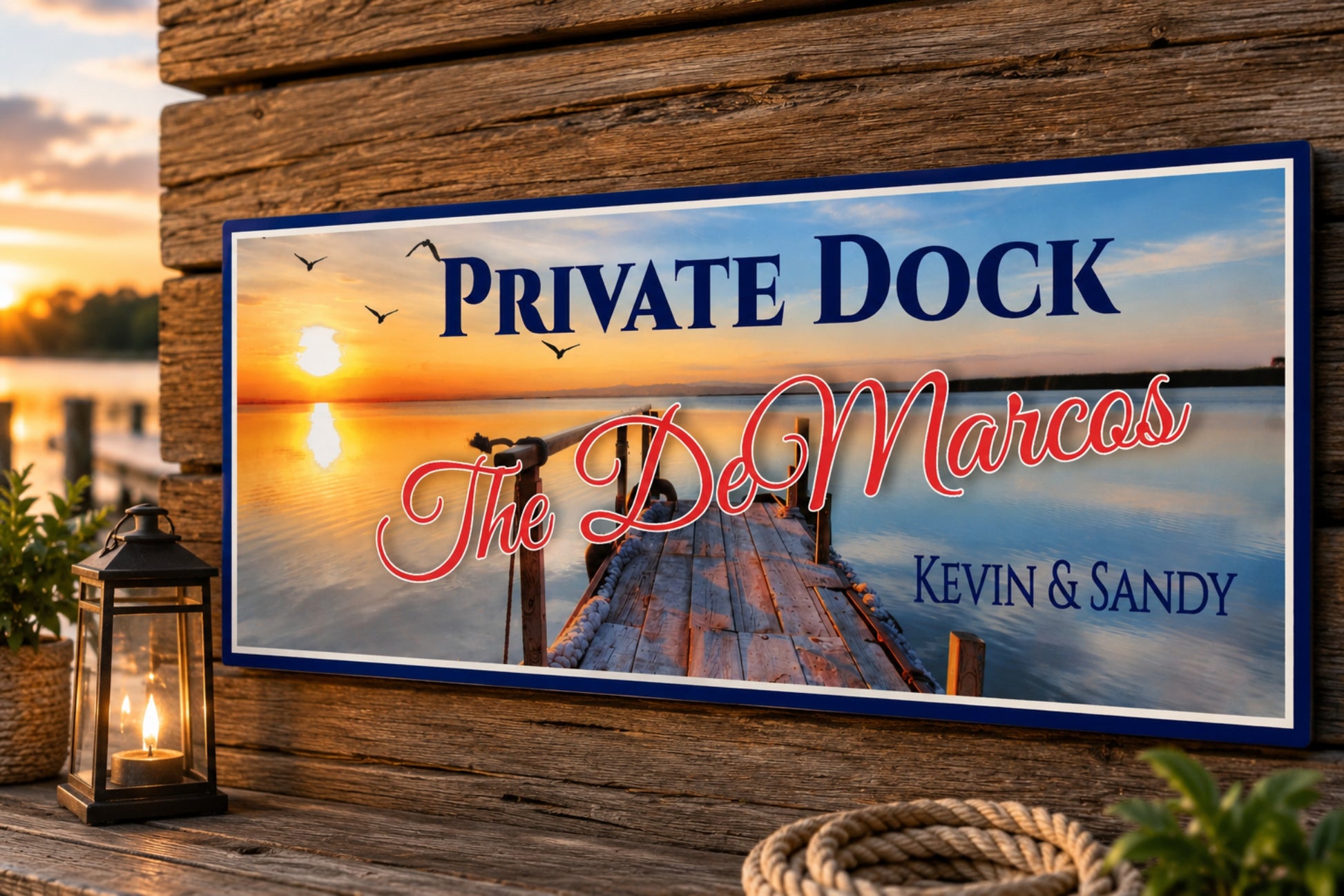 Custom lake dock sign mounted on a weathered outdoor wall with sunset marina background and nautical accents
