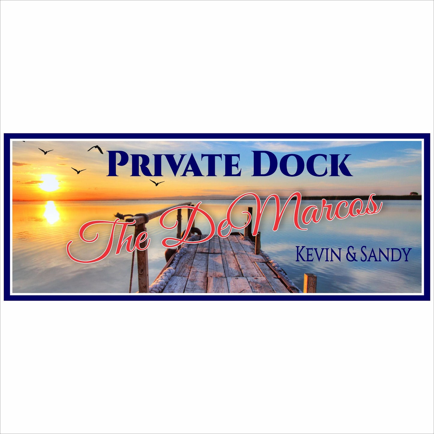 close-up of personalized dock sign featuring sunset water background and editable family name lettering