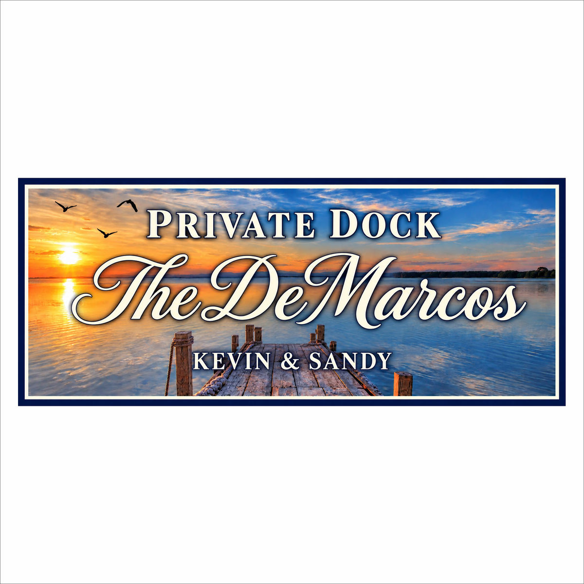Personalized Private Dock sign featuring a wooden dock extending into a sunset lake, cream family name lettering, and a navy border.
