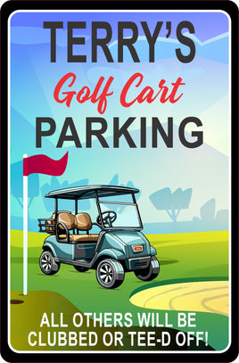 Personalized aluminum golf cart parking sign featuring flag and scenic background. Custom metal sign perfect for golfers.