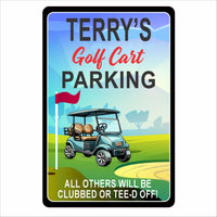  personalized golf cart parking sign showing illustrated cart and humorous parking message