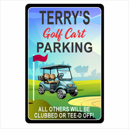  personalized golf cart parking sign showing illustrated cart and humorous parking message
