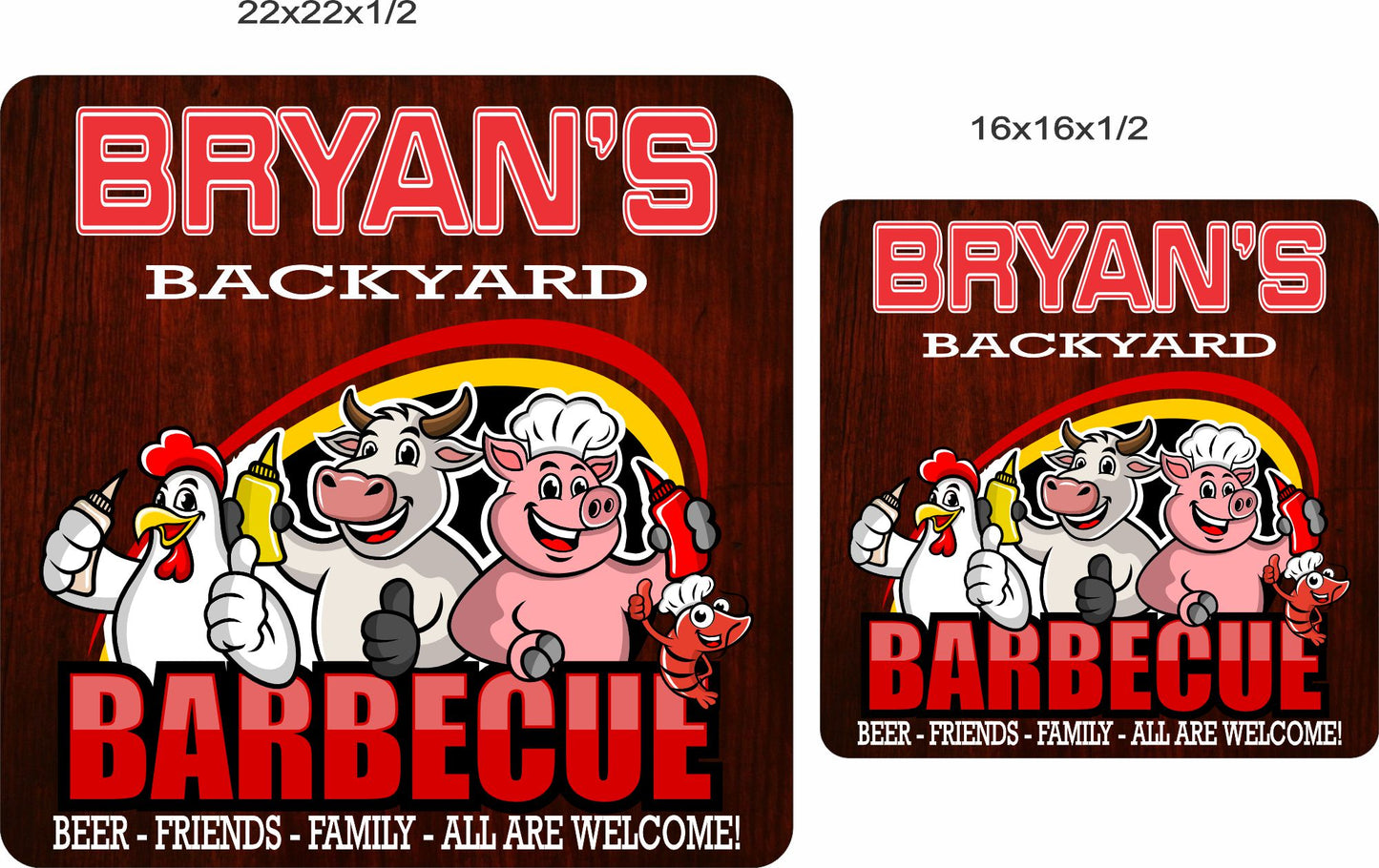 comparison image showing two sizes of personalized Backyard BBQ sign with cow, pig, and chicken artwork, displayed side by side to illustrate scale