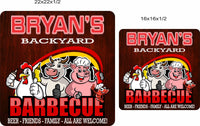 comparison image showing two sizes of personalized Backyard BBQ sign with cow, pig, and chicken artwork, displayed side by side to illustrate scale