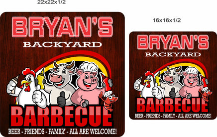 comparison image showing two sizes of personalized Backyard BBQ sign with cow, pig, and chicken artwork, displayed side by side to illustrate scale