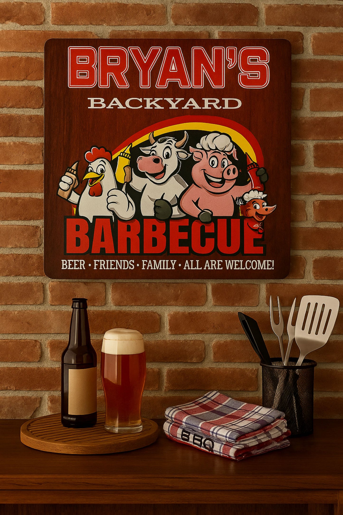 personalized backyard BBQ sign with cartoon chicken, cow, pig, and barbecue mascot hanging on a cozy grill-area wall above a wooden counter, creating fun cookout decor