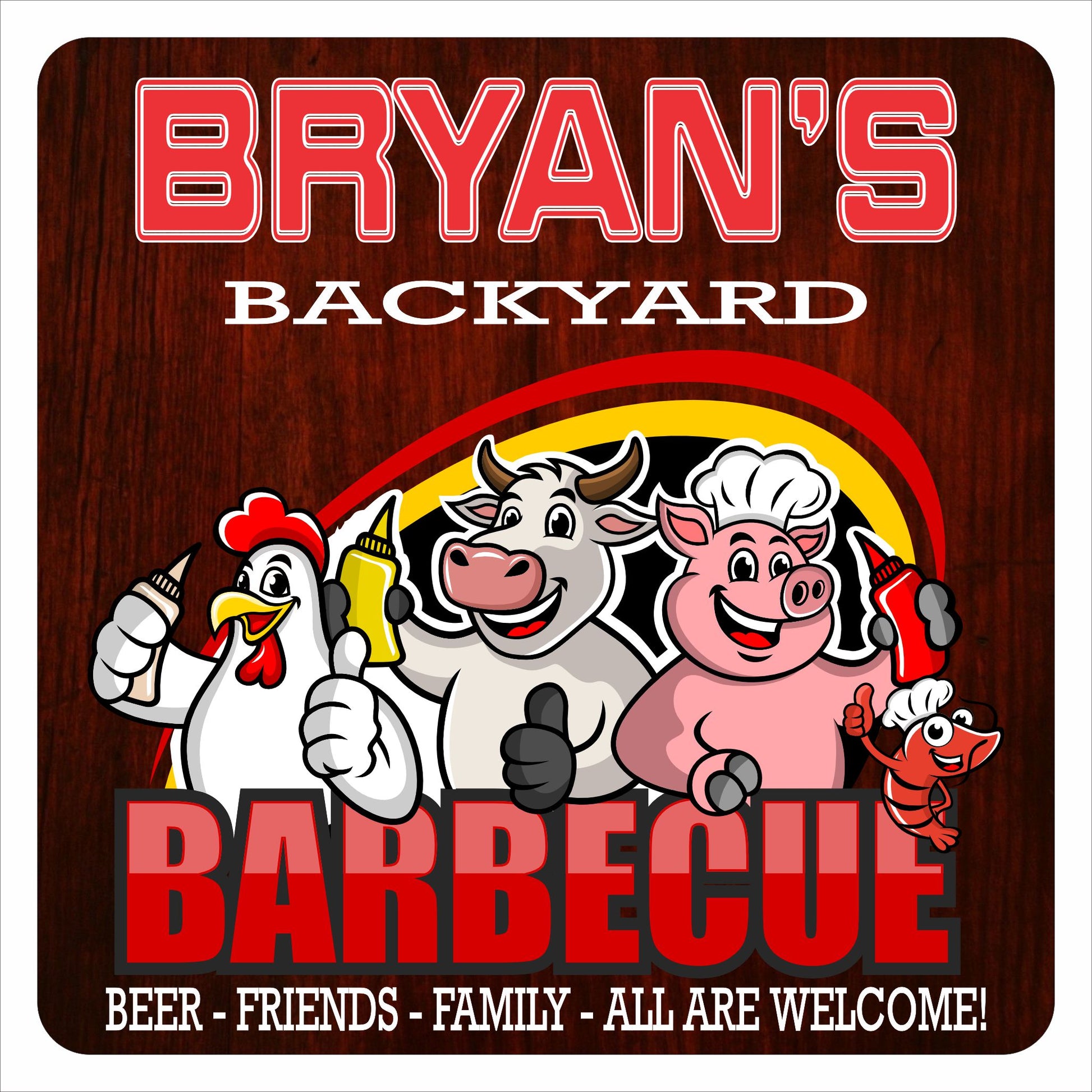personalized square Backyard BBQ sign with wood-look background, farm animals holding condiments, bold BARBECUE text, and editable tagline