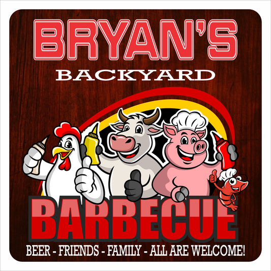 personalized square Backyard BBQ sign with wood-look background, farm animals holding condiments, bold BARBECUE text, and editable tagline