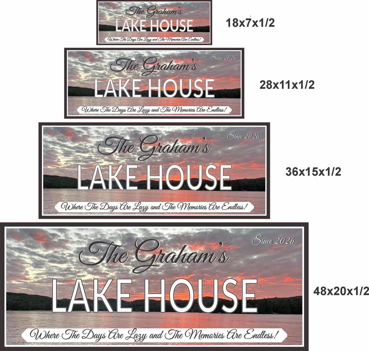 four size options of personalized lake house sign shown together for scale reference