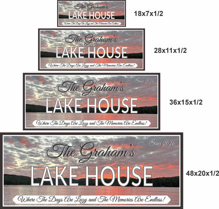 four size options of personalized lake house sign shown together for scale reference
