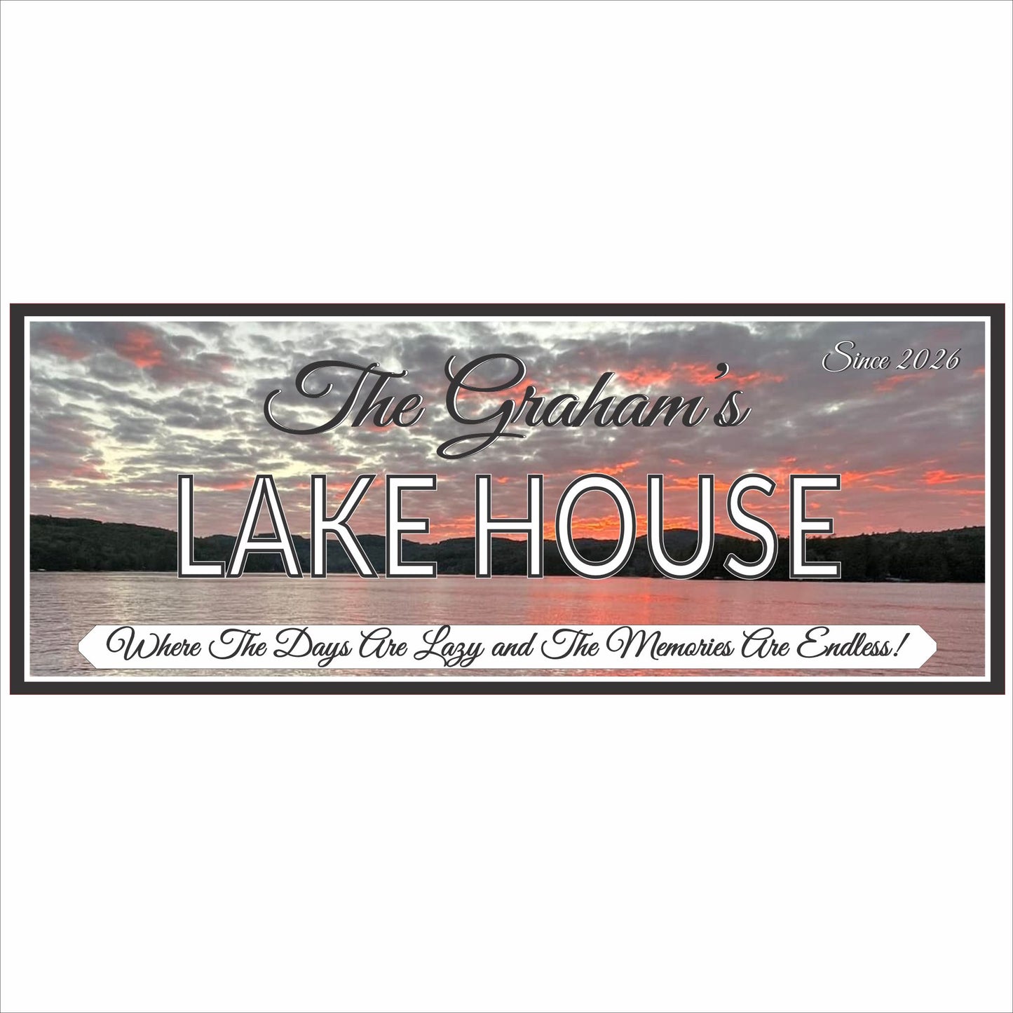  personalized lake house sign showing sunset art and editable text details