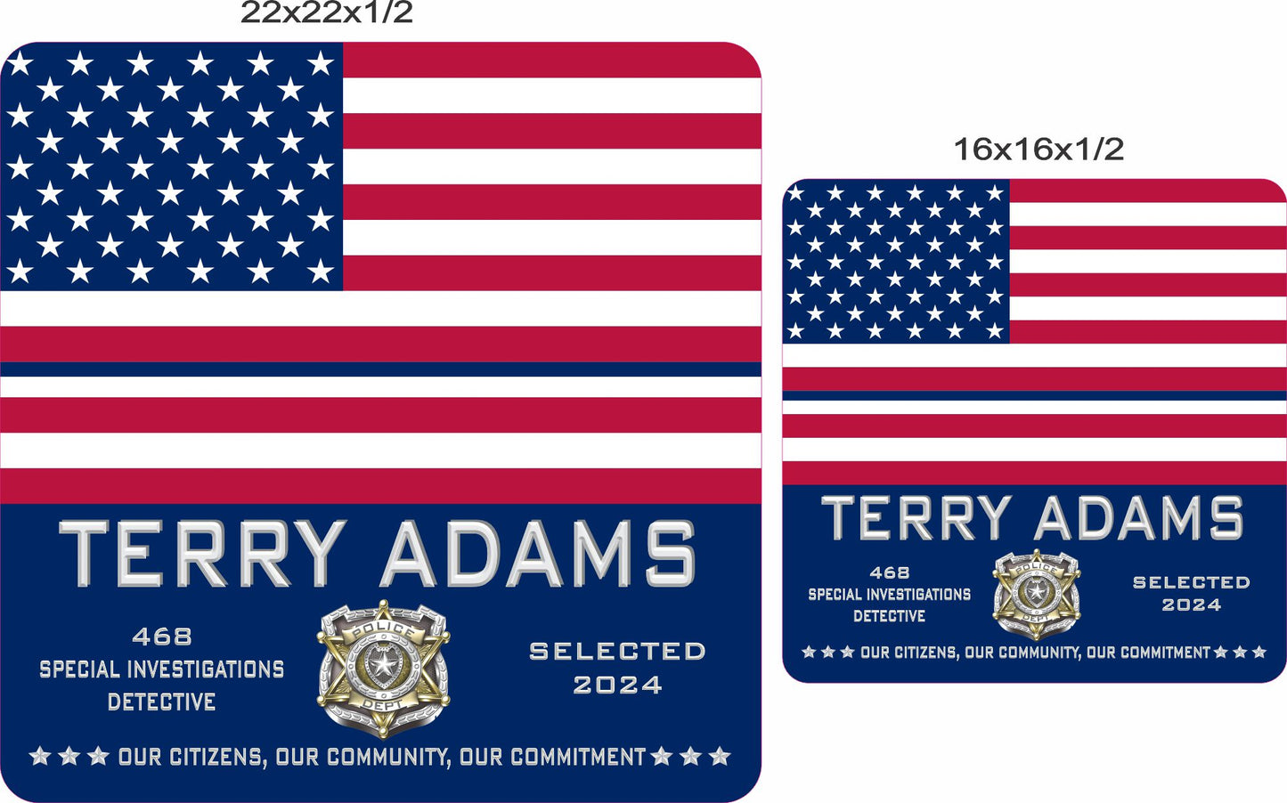 police recognition sign shown in 2 sizes, 16x16 and 22x22 square formats for scale comparison