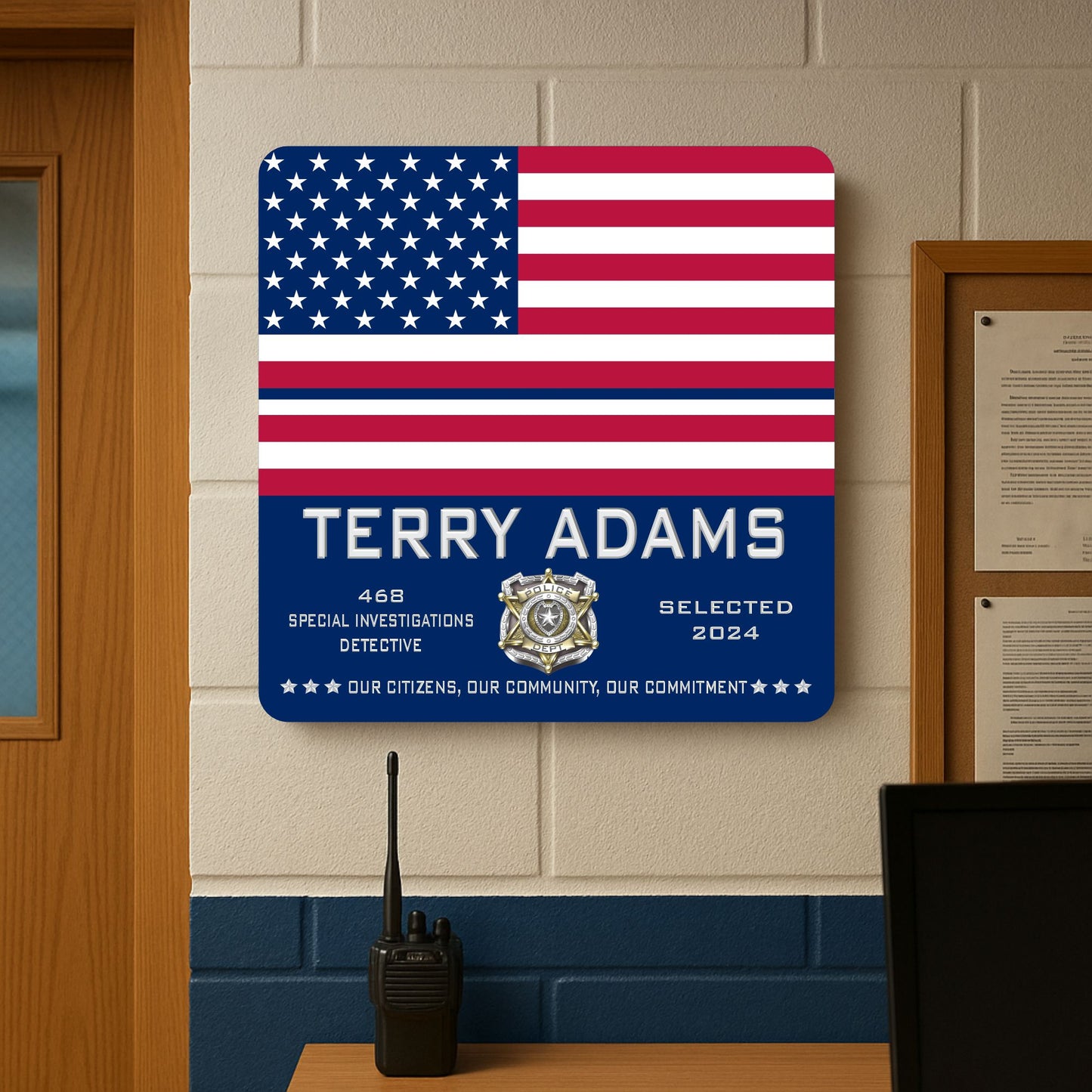 personalized police recognition sign with american flag and badge design displayed on a precinct wall near office equipment