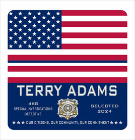 personalized police recognition sign showing american flag artwork badge emblem and customizable text details