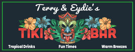 Personalized Tiki Bar Sign with Colorful Mask, Hibiscus Flowers, and Ferns - Custom Tropical Wall Decor in 4 Sizes