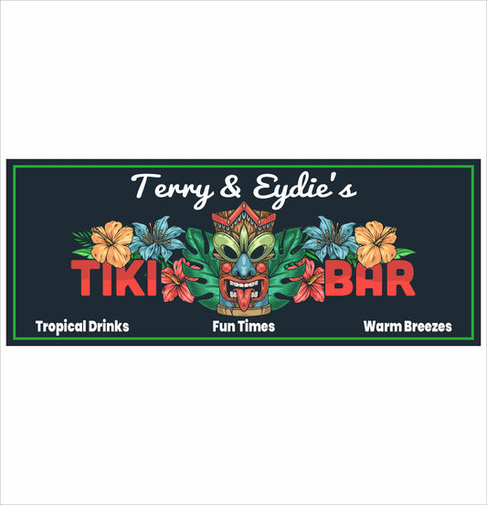 Personalized tiki bar sign with colorful tiki mask illustration, tropical flowers and foliage, bold lettering, and dark background design, printed on durable vinyl mounted to rigid PVC for indoor or outdoor display