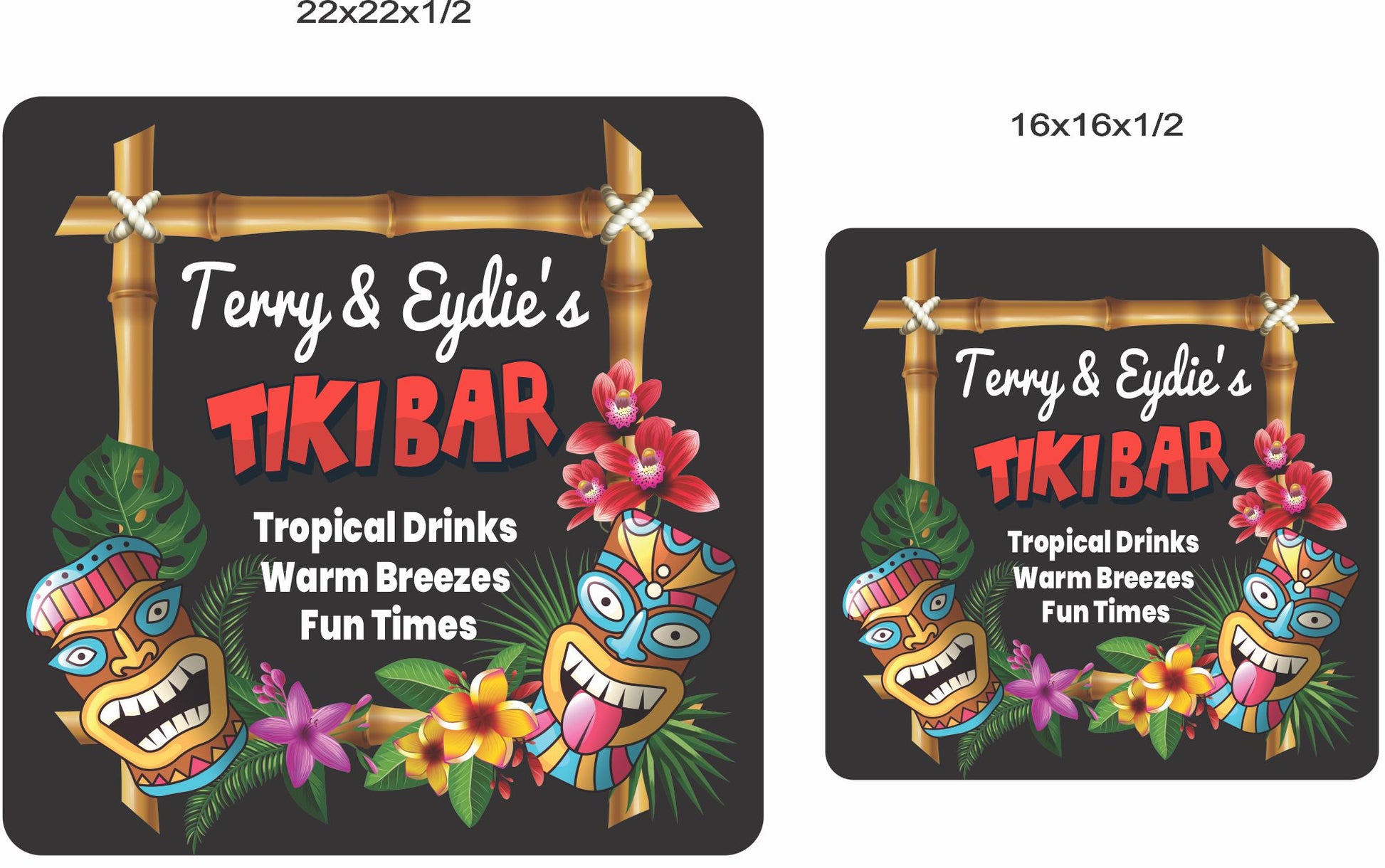 square tiki bar sign shown in 2 size options, 16×16 and 22×22 inches