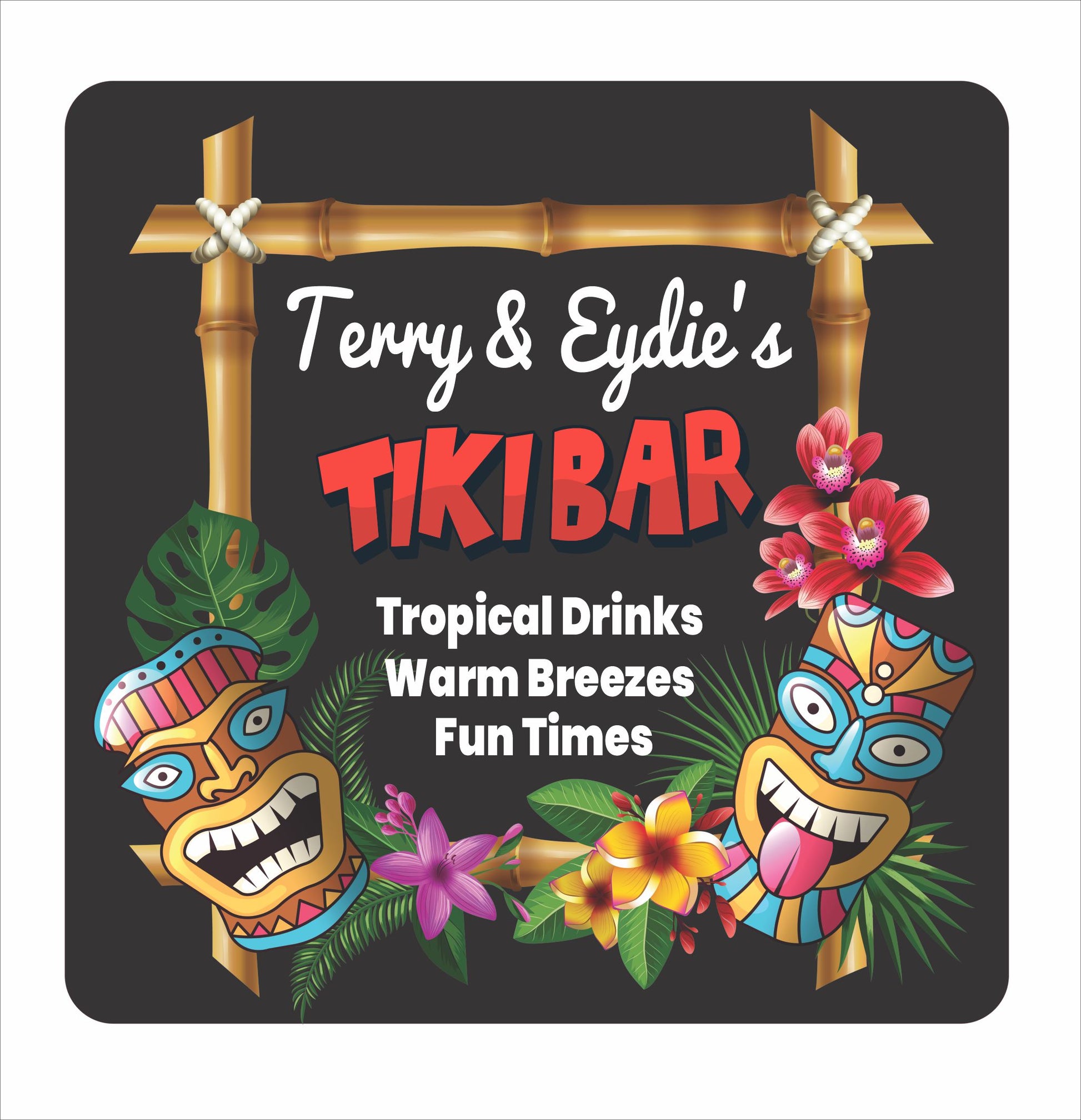 Personalized tiki bar sign with bamboo frame design, colorful tiki masks, tropical flowers, and custom bar name text on a dark background